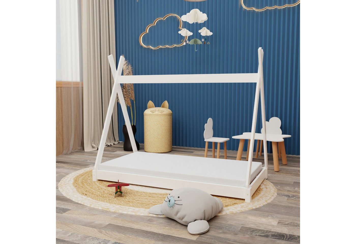 HAGO Kinderbett Montessori Kinderbett 160x80cm weiß Tipi Spielbett Zeltform Holz boden von HAGO