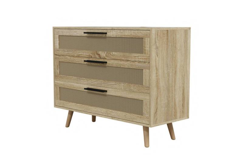 HAGO Ablageregal 3 Schubladen Rattan Holz Anrichte Sonoma Eiche 100x77x40cm Aluminiumgr von HAGO
