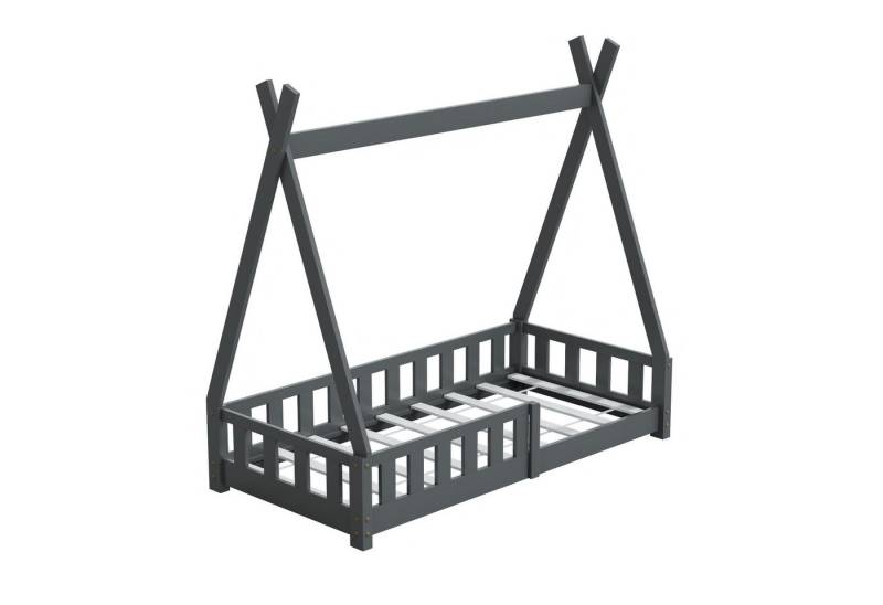 HAGO Kinderbett 160x80cm Grau Tipi Bettgestell Holzhaus Zeltoptik Rausfallschutz Latte, Niedriger Ein- und Ausstieg, Tipi-Design, Montessori-inspiriert von HAGO