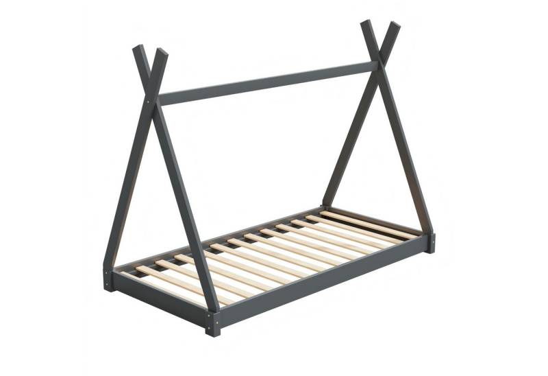 HAGO Kinderbett 200x90cm Grau Tipibett Holz Kiefer Bettgestell Tipi-Zelt Lattenrost, Niedriger Ein- und Ausstieg, Tipi-Design, Montessori-inspiriert von HAGO