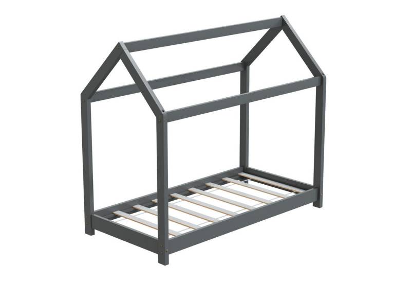 HAGO Kinderbett 70x140cm Grau Kinderhaus Bett Kiefernholz Hausoptik Dach Bodentiefer, Montessori inspiriert, Hausform, Niedriger Einstieg von HAGO