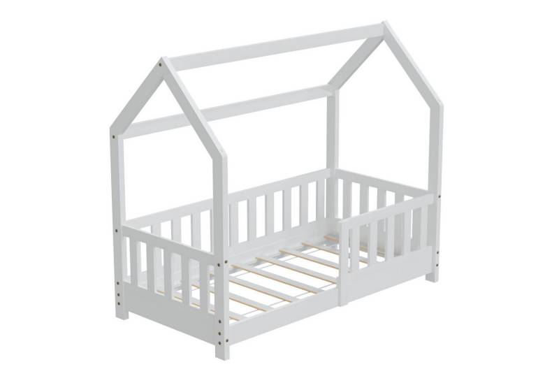 HAGO Kinderbett 70x140cm Weiß Hausbett Dach Rausfallschutz Massivholz Kiefer Spielbett, Montessori inspiriert, Hausform, Niedriger Einstieg,Rausfallschutz von HAGO