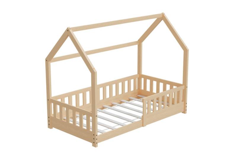 HAGO Kinderbett 80x160cm Natur Hausbett Dach Rausfallschutz Massivholz Kiefer Spielbet, Montessori inspiriert, Hausform, Niedriger Einstieg,Rausfallschutz von HAGO