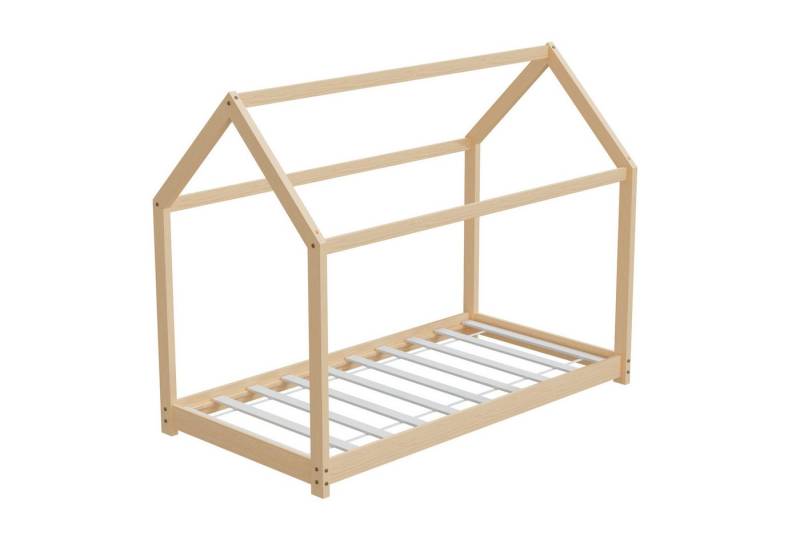 HAGO Kinderbett 80x160cm Natur Kinderhaus Bett Kiefernholz Hausoptik Dach Bodentiefer, Montessori inspiriert, Hausform, Niedriger Einstieg von HAGO