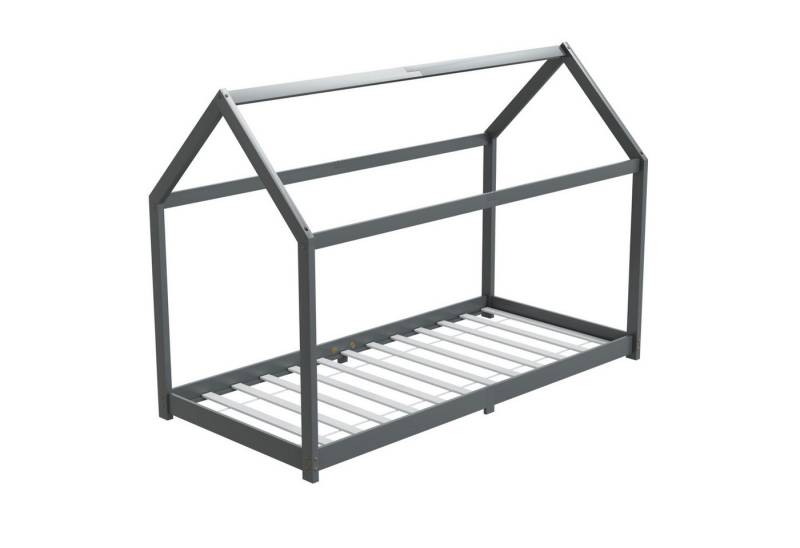 HAGO Kinderbett 90x200cm Grau Kinderhaus Bett Kiefernholz Hausoptik Dach Bodentiefer, Montessori inspiriert, Hausform, Niedriger Einstieg von HAGO