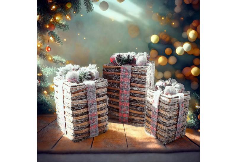 HAGO Weihnachtsfigur HAGO24 LED Geschenkboxen 3er Set Rattan Warmweiß Timer 6h Schneebedeck von Hago