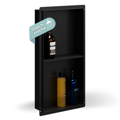 HAGO24 DIY Duschnische 30x60x10cm I Wandnische Dusche aus Edelstahl I einbaubare Duschablage in schwarz I Badezimmer Aufbewahrung mit Rahmen & Ablage I Duschnische selber Bauen von HAGO