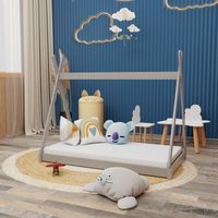 Montessori Kinderbett 140x70cm grau Tipi Spielbett Zeltform Holz bodentief mit Lattenrost - Grau von HAGO