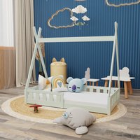 Montessori Kinderbett 140x70cm mint Tipi Spielbett Zeltform Holz bodentief Rausfallschutz - Mint von HAGO