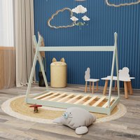 Montessori Kinderbett 140x70cm mint Tipi Spielbett Zeltform Holz bodentief mit Lattenrost - Mint von HAGO