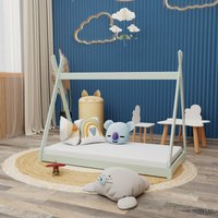 Montessori Kinderbett 140x70cm mint Tipi Spielbett Zeltform Holz bodentief mit Lattenrost mit Oeko-Tex 100 Matratze - Mint von HAGO