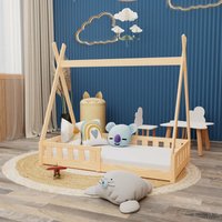Montessori Kinderbett 140x70cm natur Tipi Spielbett Zeltform Holz bodentief Rausfallschutz - Natur von HAGO