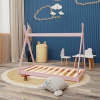 Montessori Kinderbett 140x70cm rosa Tipi Spielbett Zeltform Holz bodentief mit Lattenrost - Rosa von HAGO