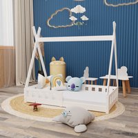 Montessori Kinderbett 140x70cm weiß Tipi Spielbett Zeltform Holz bodentief Rausfallschutz mit Oeko-Tex 100 Matratze - Weiß von HAGO