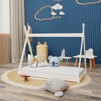 Montessori Kinderbett 140x70cm weiß Tipi Spielbett Zeltform Holz bodentief mit Lattenrost - Weiß von HAGO