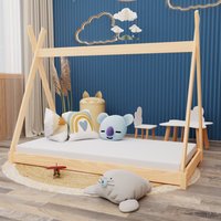 Montessori Kinderbett 200x90cm natur Tipi Spielbett Zeltform Holz bodentief mit Lattenrost mit Oeko-Tex 100 Matratze - Natur von HAGO