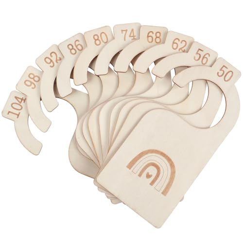 HAGOT 10 Stück Größentrenner für Babys aus Holz, Baby Größentrenner, Babykleidung Kleiderschrank Teiler, Schrankteiler für Babykleidung, Größenreiter 50-104, für Kleidungsklassifizierung (Holz) von HAGOT