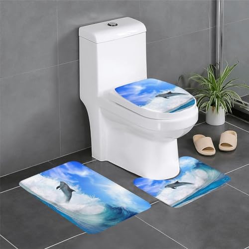 HAHAFU Badematten-Set mit niedlichen Delfinen, rutschfest, waschbar, weich, saugfähig, dick, für Badezimmer/WC, 3-teilig von HAHAFU