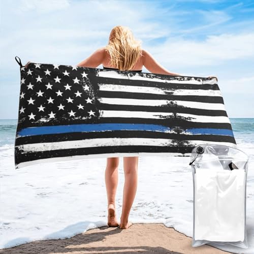 HAHAFU Blaue dünne Linie USA Flagge schnell trocknend personalisiertes Badetuch, bedruckt, weich, flauschig, saugfähig, Strandtuch Handtuch von HAHAFU