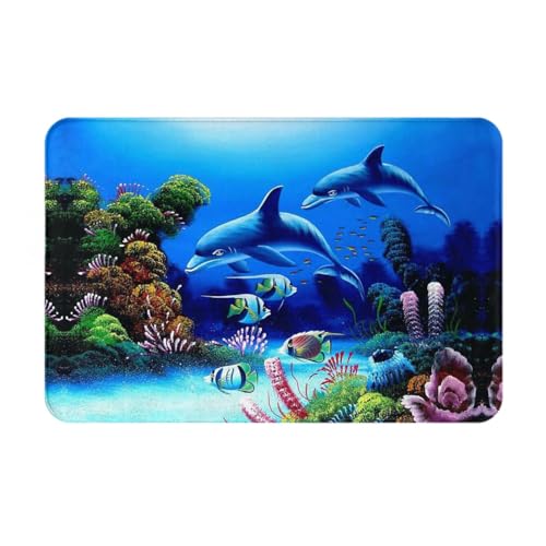 HAHAFU Schöne Unterwasserwelt Delfine Coral Fußmatten innen außen 40 x 60 cm, bedruckt, waschbar, rutschfest, saugfähig, Eingangsteppich, Bodenmatte von HAHAFU