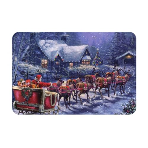 HAHAFU Snow Night Weihnachtsmann und Hirsch, waschbarer Teppich, 40 x 60 cm, bedruckt, rutschfest, saugfähig, weiche Flanell-Fußmatte, Bodenmatte, innen und außen von HAHAFU