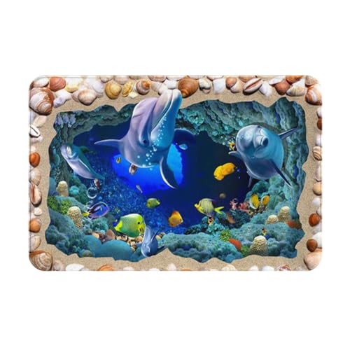 HAHAFU Underwater World Fußmatte, Motiv: Meeresleben, innen und außen, bedruckt, waschbar, rutschfest, saugfähig, 40 x 60 cm, Blau von HAHAFU