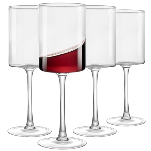 HAHASHOW 4er-Set Lange Stiel-Rotweingläser (460 Ml) Aus Bleifreiem Kristall – Quadratische Kelche Für Hochzeitsgeschenke, Jubiläen & Valentinstag In Premium-Geschenkbox von HAHASHOW