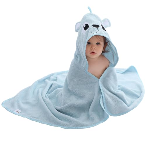 HAHASHOW Junge Mädchen Bambus Viskose Kapuze Badetuch, Handtuch Mit Niedlichem Tierdesign, Große Und Saugfähige Kleinkindhandtücher Für Neugeborenes,Blau Hund Säugling 75 * 100 cm. von HAHASHOW