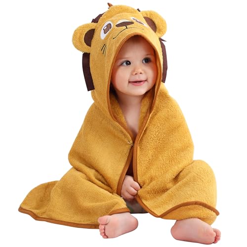 HAHASHOW Junge Mädchen Bambus Viskose Kapuze Badetuch, Handtuch Mit Niedlichem Tierdesign, Große Und Saugfähige Kleinkindhandtücher Für Neugeborenes,Gelb Löwe Säugling 75 * 75 cm. von HAHASHOW