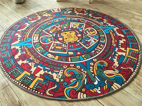 HAHII Teppich rund Maya Totem 150CM Waschbarer Rutschfester Innenteppich, geeignet für Wohnzimmer, Schlafzimmer, Kinderspielzimmer von HAHII