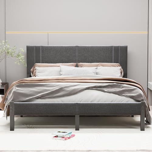 HAHRIR King Bed Frames with 1.5 m Padded Platform King Bed Frame, Metal Bed Frame with Headboard and Lats Support, No Boxspring Needed/No Noise,Grey von HAHRIR