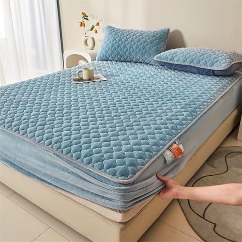 HAIBA Plüsch Spannbettlaken 120 x 200 cm Blau Frottee Matratzenbezug Flauschig Fleece Winter Flanell Bettlaken für Boxspringbett Topper Matratze bis 30cm von HAIBA