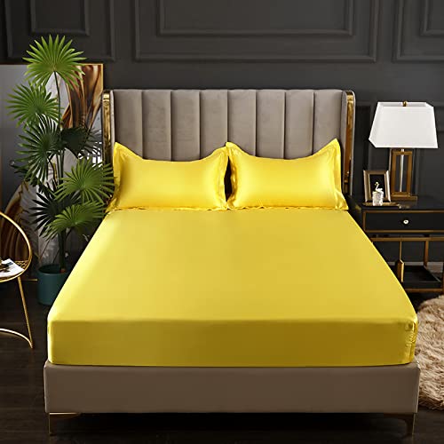 HAIBA Sommer Seidenmatte Spannbetttücher All-Inclusive rutschfeste Kissenbezug Matratzenschutz Tagesdecke Bettdecke,gelb-1,180x200+25cm von HAIBA