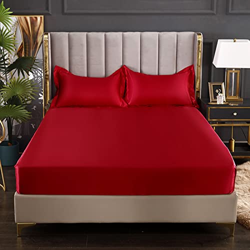 HAIBA Sommer Seidenmatte Spannbetttücher All-Inclusive rutschfeste Kissenbezug Matratzenschutz Tagesdecke Bettdecke,rot,180x200+25cm von HAIBA