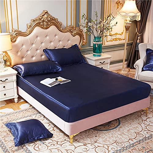 HAIBA Spannbettlaken Seide Bettlaken Glatt Seide Glanzsatin Bettlaken Boxspringbett Topper Microfaser Spannbetttuch dunkelblau-3,120x200+25cm von HAIBA