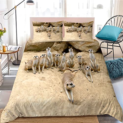 3D Drucken Bettwäsche 135x200 Buff ErdmäNnchen, Mikrofaser Bettbezug + 2 Kissenbezug 80x80cm - Mit Reisverschluss Pflegeleicht BettwäSche-Sets Geeignet FüR Erwachsene Und Kinder von HAIKUO