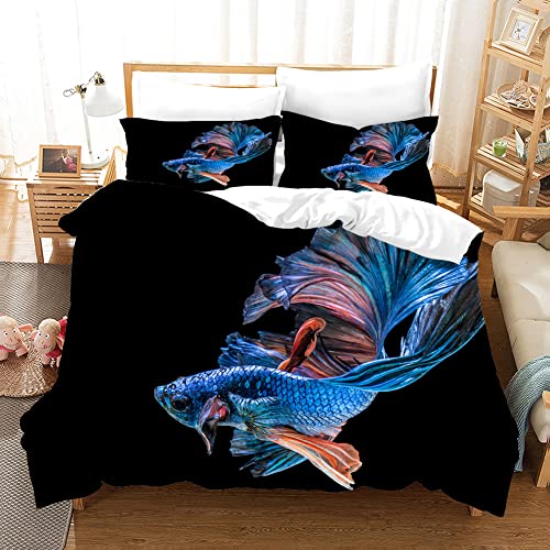 3D Drucken Bettwäsche 135x200 Schwarzer Kampffisch, Mikrofaser Bettbezug + 2 Kissenbezug 80x80cm - Mit Reisverschluss Pflegeleicht BettwäSche-Sets Geeignet FüR Erwachsene Und Kinder von HAIKUO