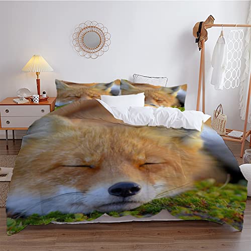 3D Drucken Bettwäsche 155x220 GrüNer Fuchs, Luftdurchlässiger Mikrofaser Bettbezug + 2 Kissenbezug 80x80cm, Mit Reisverschluss Bettwäsche Set Geeignet FüR Erwachsene Und Kinder von HAIKUO