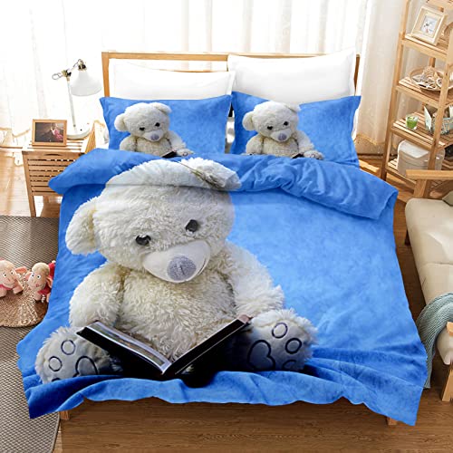 BettwäSche 135x200 Blauer TeddybäR Mikrofaser Bettwäsche + 1 Kissenbezug 80x80cm - Mit Reisverschluss BettwäSche Flauschig - Geeignet FüR Erwachsene Und Kinder von HAIKUO