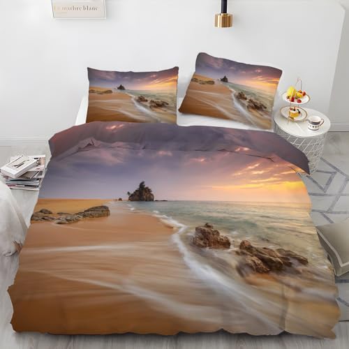 Bettwäsche 135x200 Braunes Meer Bettwäsche-Sets Sonnenuntergang 3D Drucken Bettwäsche 3 Teiliges Set mit Reißverschluss - Atmungsaktiv Weich Bequem Mikrofaser Bettbezug + 2 Kissenbezug 80x80 cm von HAIKUO