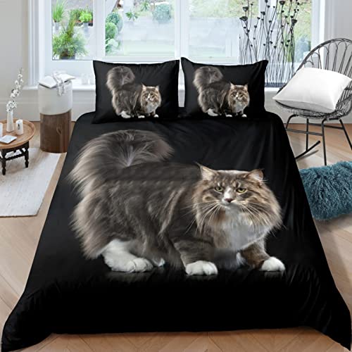 Bettwäsche 135x200 Schwarze Norwegische Waldkatze Mikrofaser Bettwäsche + 2 Kissenbezug 80x80cm - Mit Reisverschluss BettwäSche-Sets - Geeignet FüR Erwachsene Und Kinder von HAIKUO