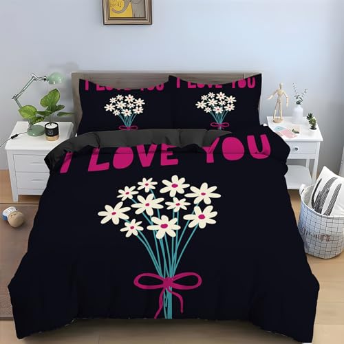 Bettwäsche 200x200 Schwarze Blume Bettwäsche-Sets Valentinstag 3D Drucken Bettwäsche 3 Teiliges Set mit Reißverschluss - Atmungsaktiv Weich Bequem Mikrofaser Bettbezug + 2 Kissenbezug 80x80 cm von HAIKUO