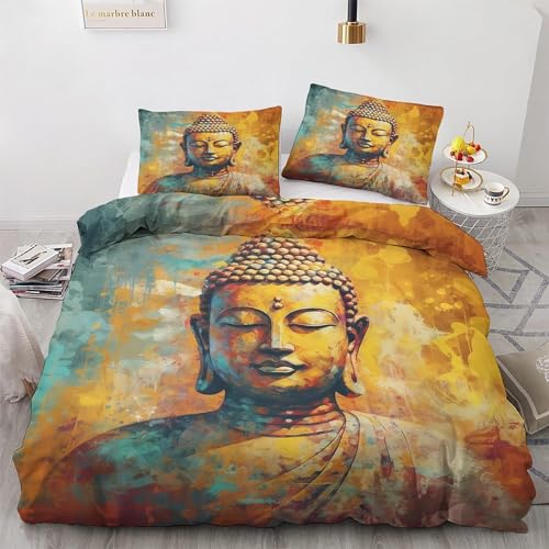 Braun Bettwäsche 135x200 cm Buddha-Figur Muster Bettbezug und 2 Kopfkissenbezug 80x80 cm, 110gsm Mikrofaser Flauschige Pflegeleichtigkeit Bettwäsche Set mit Reißverschluss von HAIKUO