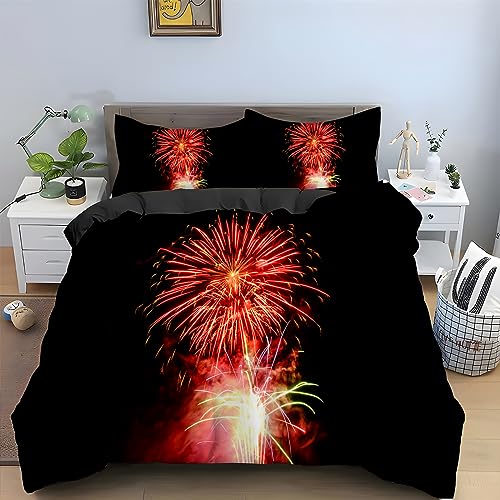 Feuerwerk Bettwäsche 135x200 cm Schwarz Muster Bettbezug und 2 Kopfkissenbezug 80x80 cm, 110gsm Mikrofaser Flauschige Pflegeleichtigkeit Bettwäsche Set mit Reißverschluss von HAIKUO