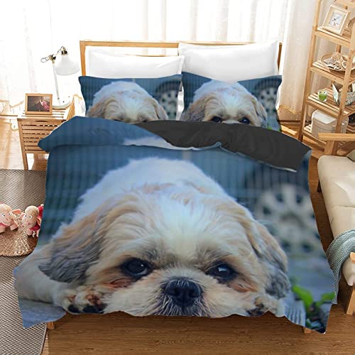 HAIKUO BettwäSche 200x200 Blauer Shih Tzu Mikrofaser Bettwäsche-Sets + 2 Kissenbezug 80x80cm - Mit Reisverschluss Bettwasche Set - Geeignet FüR Erwachsene Und Kinder von HAIKUO