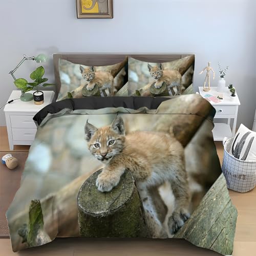 HellgrüNer Luchs Bettwäsche 135x200 cm Tier Muster Bettbezug und 2 Kopfkissenbezug 80x80 cm, 110gsm Mikrofaser Flauschige Pflegeleichtigkeit Bettwäsche Set mit Reißverschluss von HAIKUO