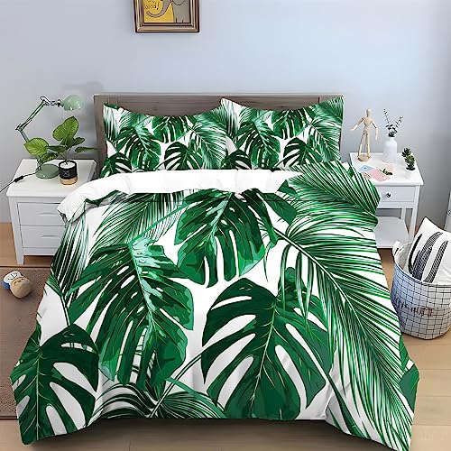 WeißE Monstera Bettwäsche 135x200 cm Pflanze Muster Bettbezug und 2 Kopfkissenbezug 80x80 cm, 110gsm Mikrofaser Flauschige Pflegeleichtigkeit Bettwäsche Set mit Reißverschluss von HAIKUO