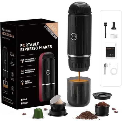 HAILASRE Tragbare elektrische EspressoMaschine, Selbst-Erwärmung 2 IN 1 Extraktions system, Crema Nespress Espresso Kaffee maschine, Unterstützung gemahlenen Kaffee und NS Kapsel, ME2218 (BLACK) von HAILASRE