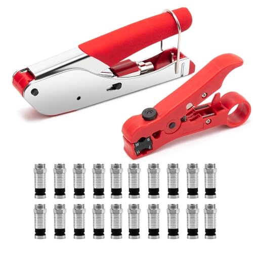 Kompressionszange Set,F Typ Crimpzange Abisolierwerkzeug RG59/RG6 mit 20 Stück RG6 Kompression F Stecker,Rotierende Abisolierzangen für SAT Kabel,Koaxialkabel von HAIMAYEE