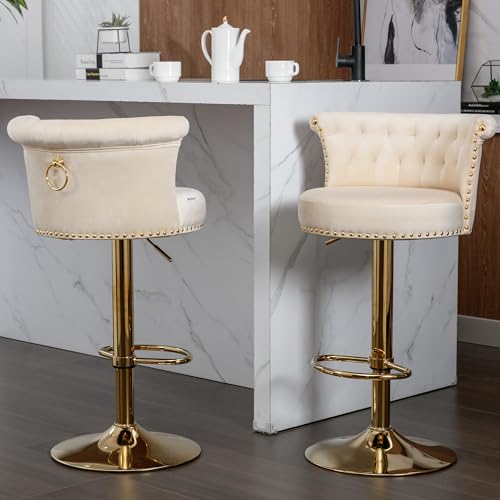 Barhocker 2er Set, Barstuhl Küchenstuhl Mit Lehne Und Fußstütze, 360° Drehbar, Höhenverstellbar, Retro Stil Barstühle Mit Goldfarbener Metallsockel Und Zapfenverzierung Für Küche, Esszimmer (Beige) von HAINEW